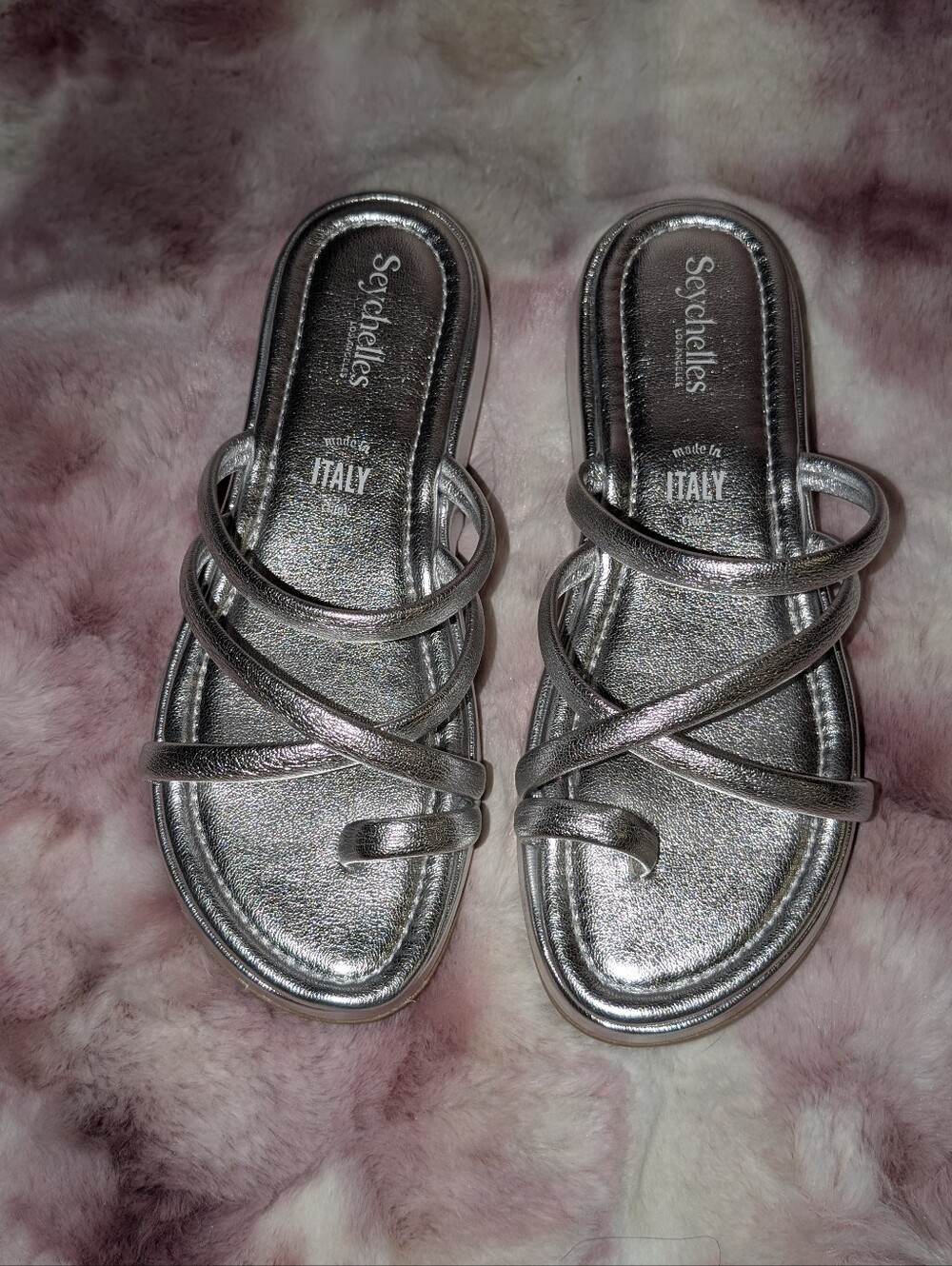 Seychelles Rule The World Silver Metallic Platform Slide Sandals Made in Italy